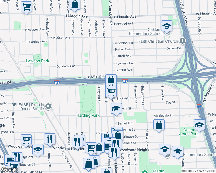 map of restaurants, bars, coffee shops, grocery stores, and more near 3371 Hilton Road in Ferndale