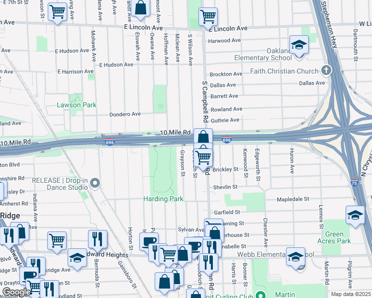 map of restaurants, bars, coffee shops, grocery stores, and more near 1402 East 10 Mile Road in Ferndale