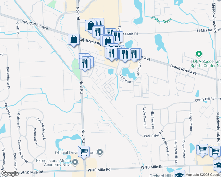 map of restaurants, bars, coffee shops, grocery stores, and more near Senate Place in Novi