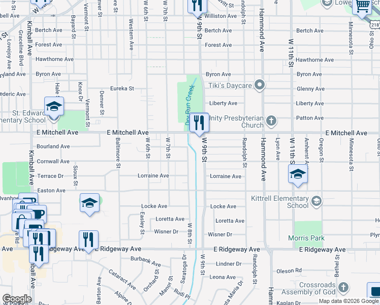 map of restaurants, bars, coffee shops, grocery stores, and more near 2100 West 9th Street in Waterloo