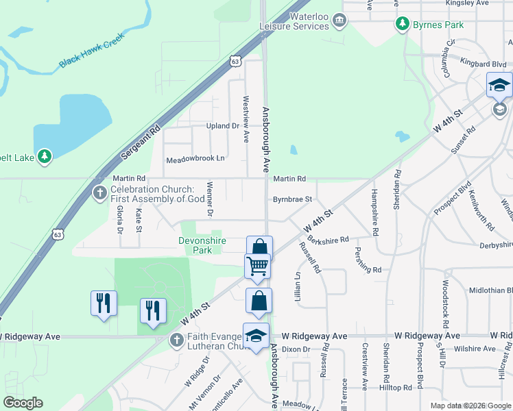 map of restaurants, bars, coffee shops, grocery stores, and more near 2510 Ansborough Avenue in Waterloo