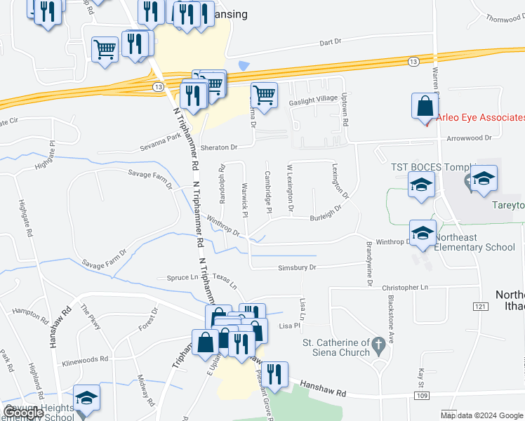 map of restaurants, bars, coffee shops, grocery stores, and more near 102 Cambridge Pl in Ithaca