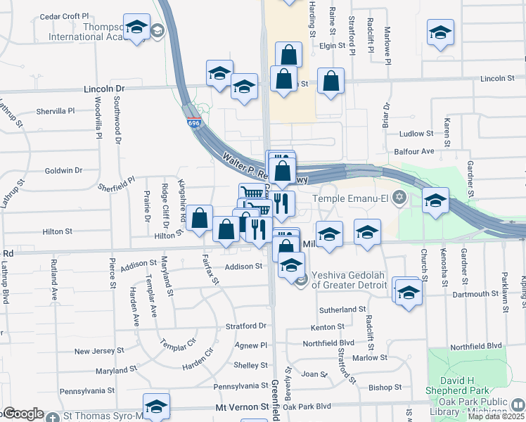 map of restaurants, bars, coffee shops, grocery stores, and more near 25177 Greenfield Road in Southfield