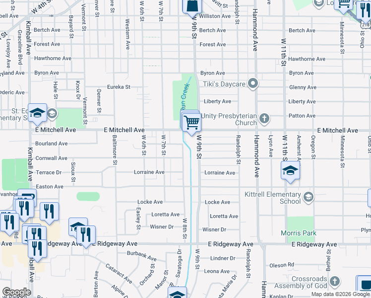 map of restaurants, bars, coffee shops, grocery stores, and more near 2100 West 9th Street in Waterloo