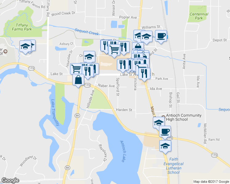 map of restaurants, bars, coffee shops, grocery stores, and more near 1010 Spafford Street in Antioch
