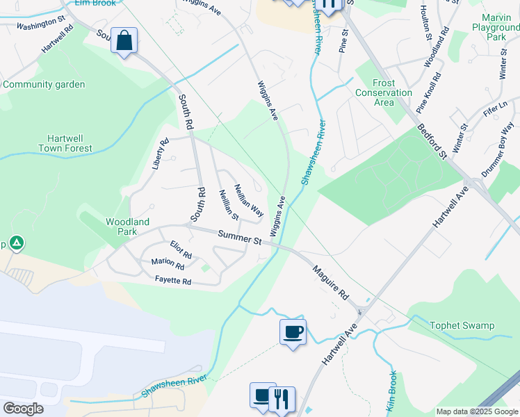 map of restaurants, bars, coffee shops, grocery stores, and more near 42 Neillian Way in Bedford