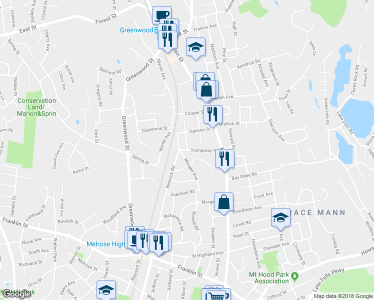 map of restaurants, bars, coffee shops, grocery stores, and more near 33 Humphrey Street in Wakefield
