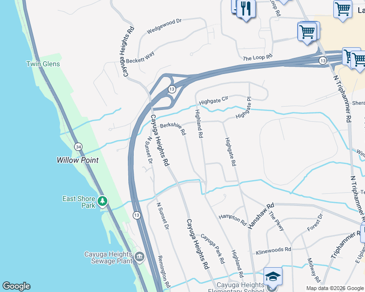 map of restaurants, bars, coffee shops, grocery stores, and more near 217 Berkshire Rd in Ithaca