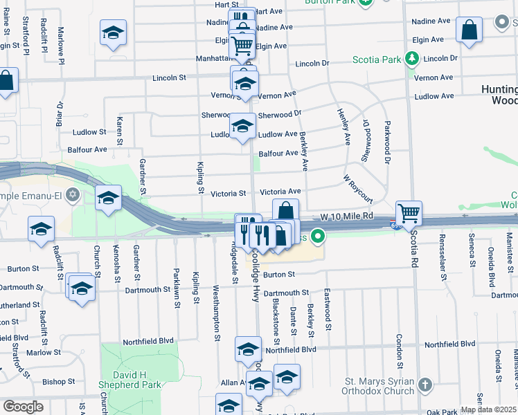 map of restaurants, bars, coffee shops, grocery stores, and more near 13368 Wales Avenue in Huntington Woods