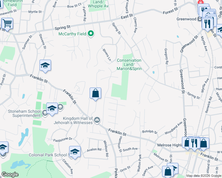 map of restaurants, bars, coffee shops, grocery stores, and more near 35 Walsh Ave in Stoneham
