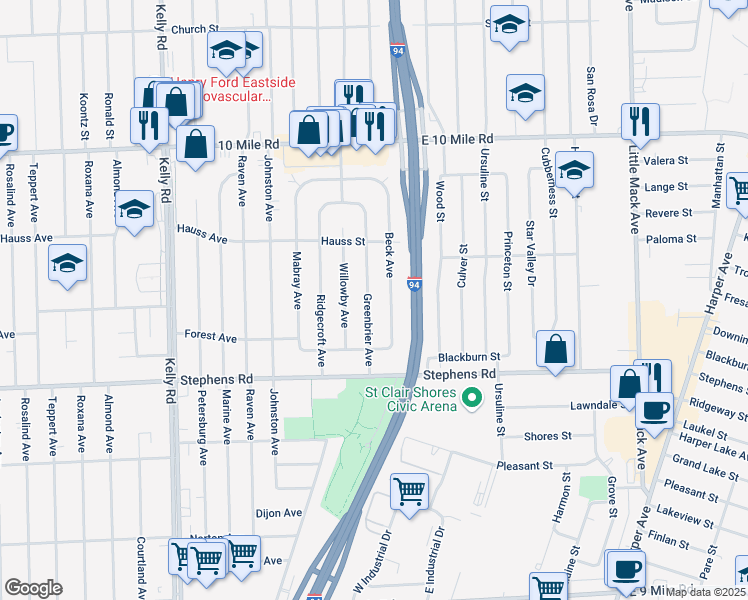 map of restaurants, bars, coffee shops, grocery stores, and more near 24584 Greenbrier Avenue in Eastpointe