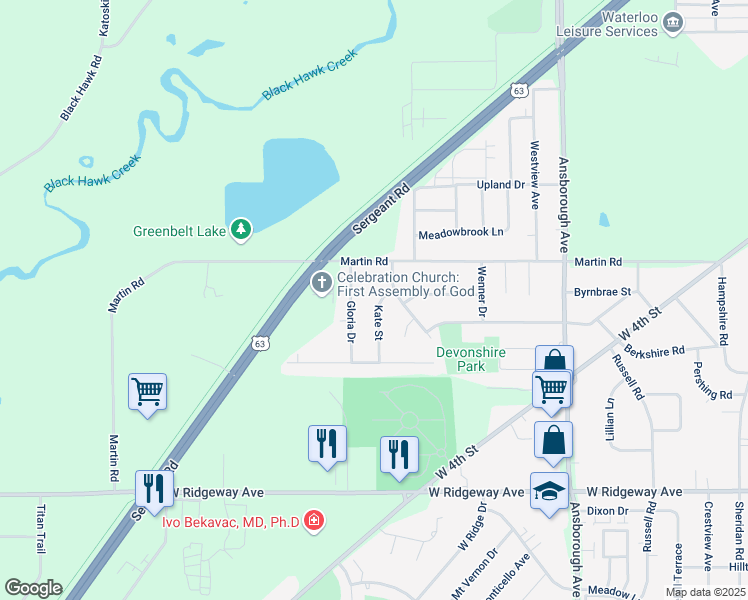 map of restaurants, bars, coffee shops, grocery stores, and more near 2518 Kate Street in Waterloo