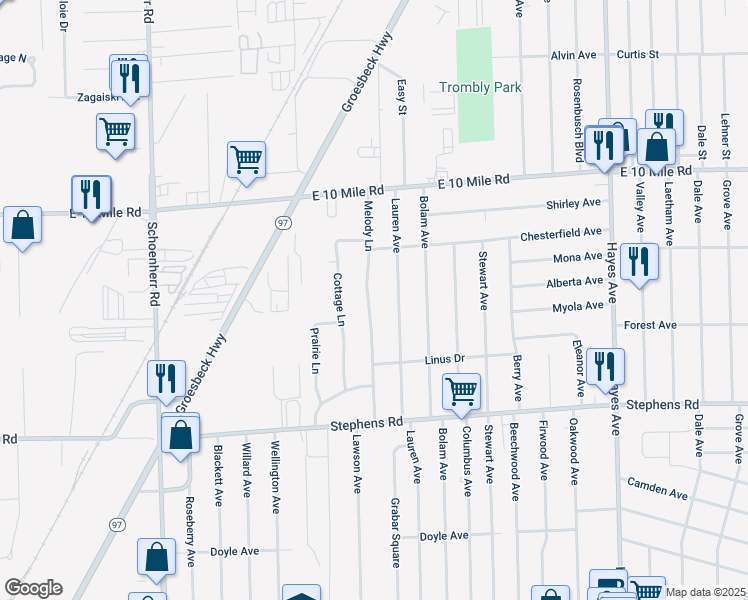 map of restaurants, bars, coffee shops, grocery stores, and more near 24536 Melody Lane in Warren