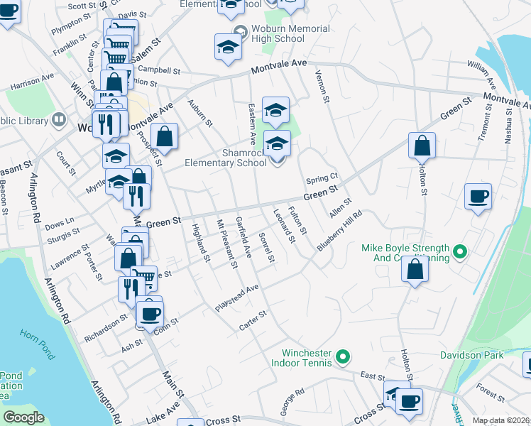 map of restaurants, bars, coffee shops, grocery stores, and more near 90 Eastern Avenue in Woburn