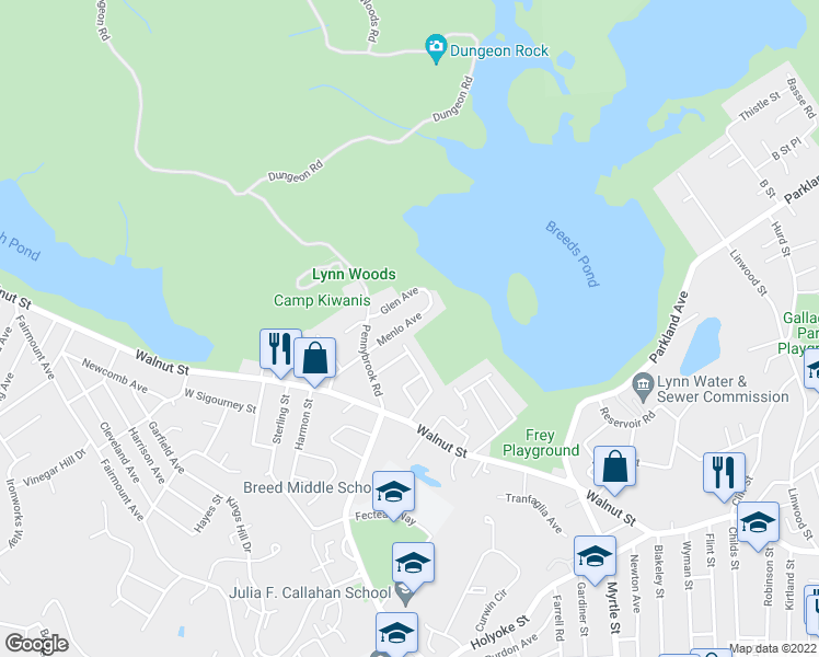 map of restaurants, bars, coffee shops, grocery stores, and more near 79 Menlo Avenue in Lynn
