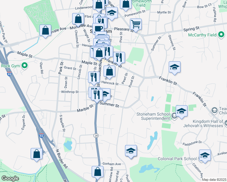 map of restaurants, bars, coffee shops, grocery stores, and more near 19 Middle Street in Stoneham