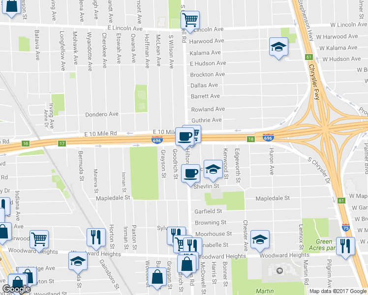 map of restaurants, bars, coffee shops, grocery stores, and more near 3371 Hilton Road in Ferndale