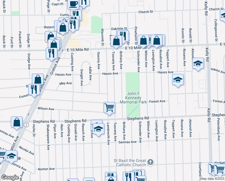 map of restaurants, bars, coffee shops, grocery stores, and more near 24591 Tuscany Avenue in Eastpointe