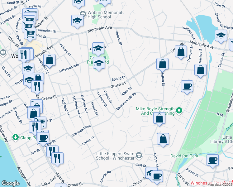 map of restaurants, bars, coffee shops, grocery stores, and more near 6 Madison Street in Woburn