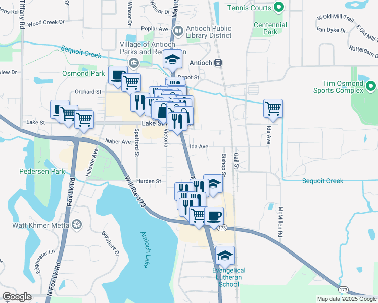 map of restaurants, bars, coffee shops, grocery stores, and more near 1001 Illinois 83 in Antioch