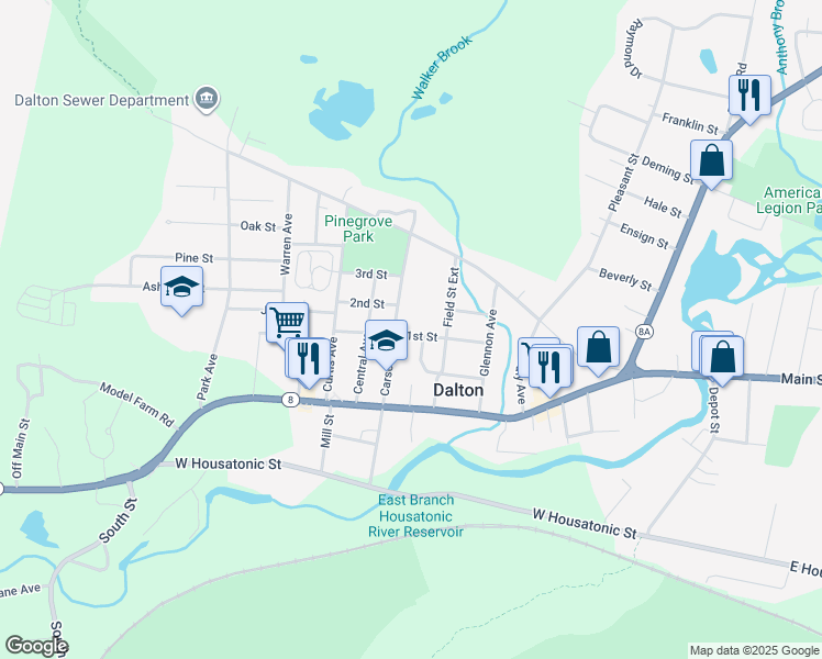 map of restaurants, bars, coffee shops, grocery stores, and more near 80 1st Street in Dalton