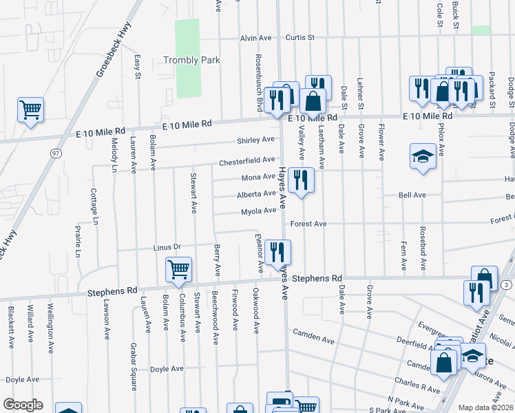 map of restaurants, bars, coffee shops, grocery stores, and more near 14943 Myola Avenue in Warren