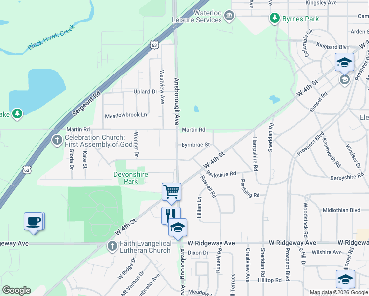 map of restaurants, bars, coffee shops, grocery stores, and more near 263 Byrnbrae St in Waterloo