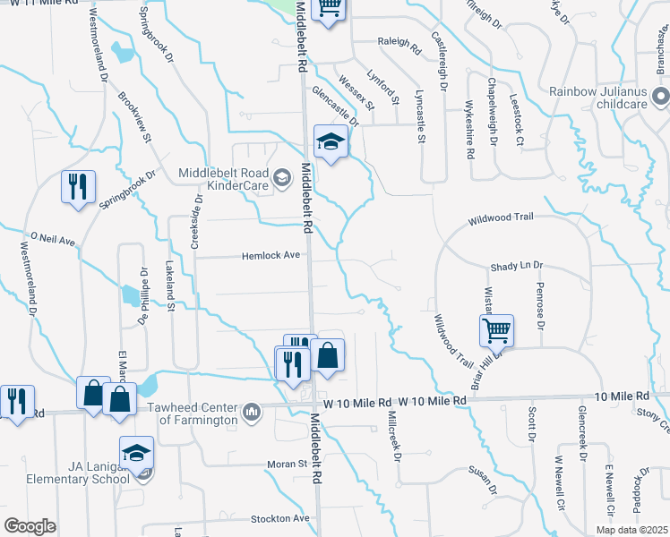 map of restaurants, bars, coffee shops, grocery stores, and more near 29323 Hemlock Drive in Farmington Hills