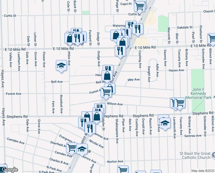map of restaurants, bars, coffee shops, grocery stores, and more near 24515 Gratiot Ave in Eastpointe