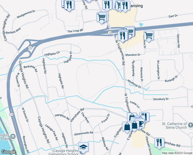 map of restaurants, bars, coffee shops, grocery stores, and more near 2230 North Triphammer Road in Ithaca