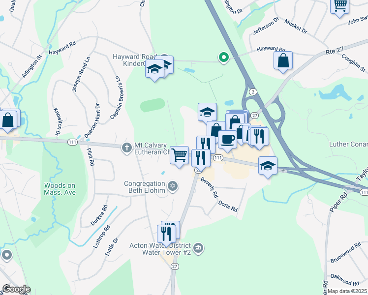 map of restaurants, bars, coffee shops, grocery stores, and more near 3 Charter Road in Acton