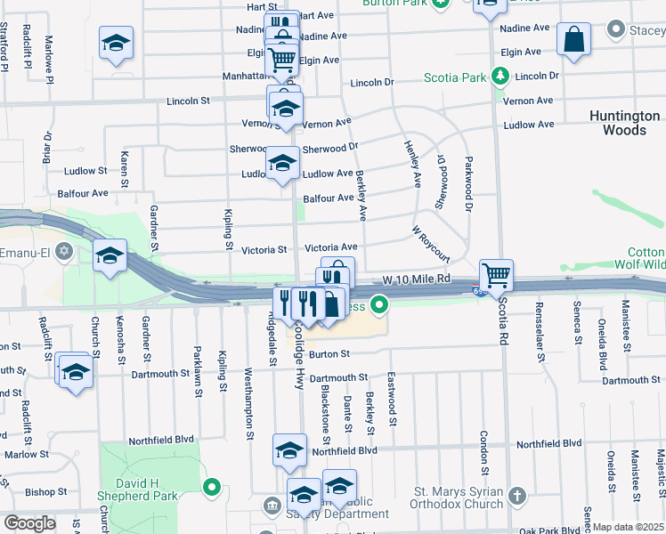 map of restaurants, bars, coffee shops, grocery stores, and more near 13340 Wales Avenue in Huntington Woods