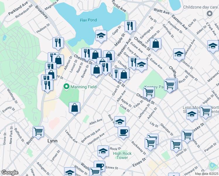 map of restaurants, bars, coffee shops, grocery stores, and more near 19 Rockingham Street in Lynn