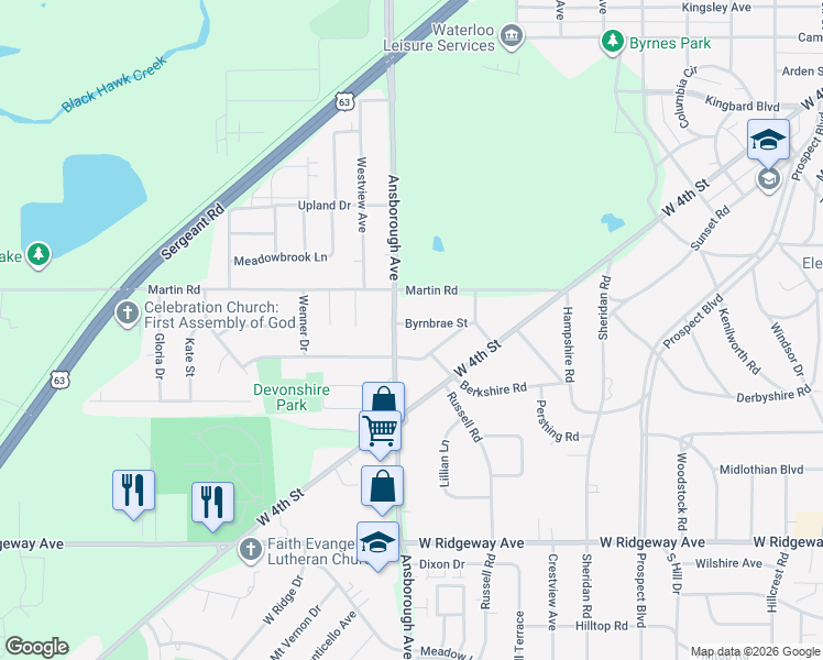 map of restaurants, bars, coffee shops, grocery stores, and more near 263 Byrnbrae Street in Waterloo