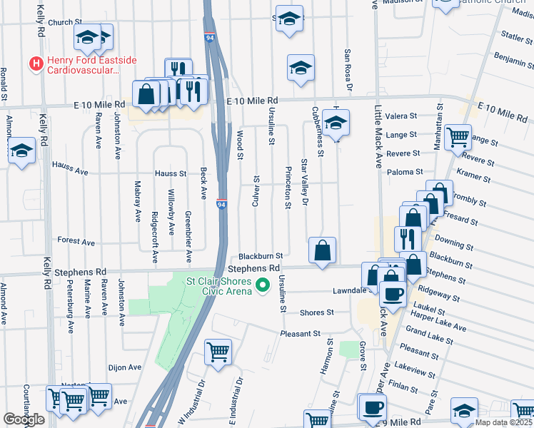map of restaurants, bars, coffee shops, grocery stores, and more near 24509 Ursuline Street in St. Clair Shores
