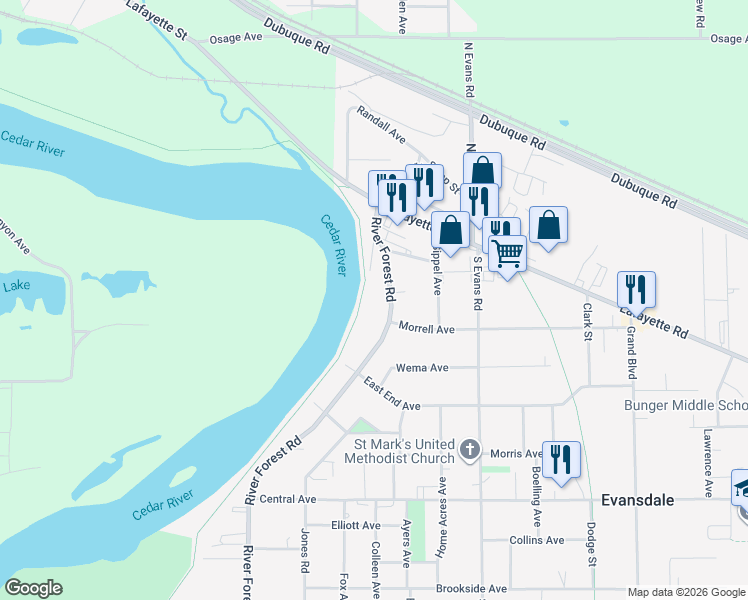 map of restaurants, bars, coffee shops, grocery stores, and more near 228 River Forest Road in Evansdale