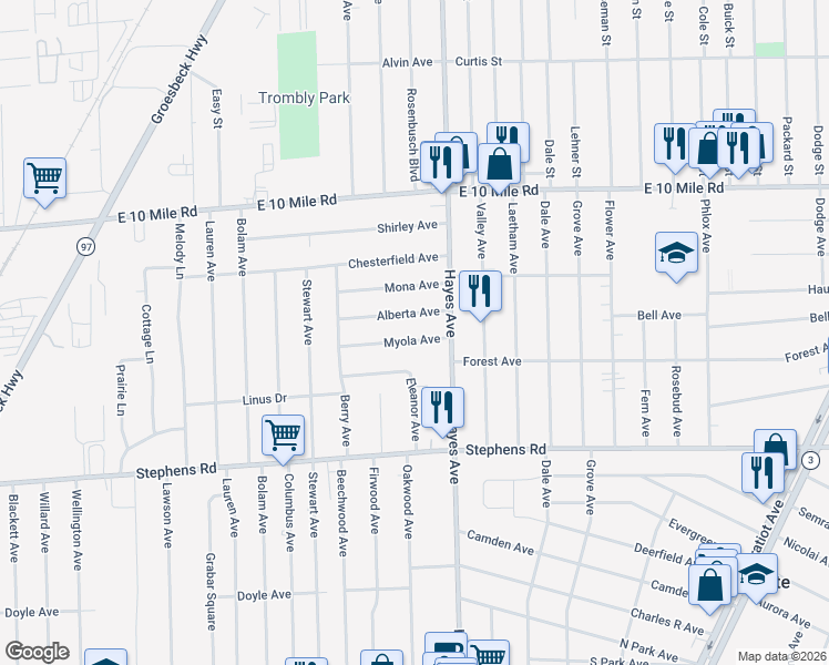 map of restaurants, bars, coffee shops, grocery stores, and more near 14943 Myola Avenue in Warren