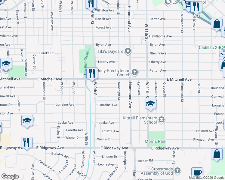 map of restaurants, bars, coffee shops, grocery stores, and more near 1160 Bourland Ave in Waterloo