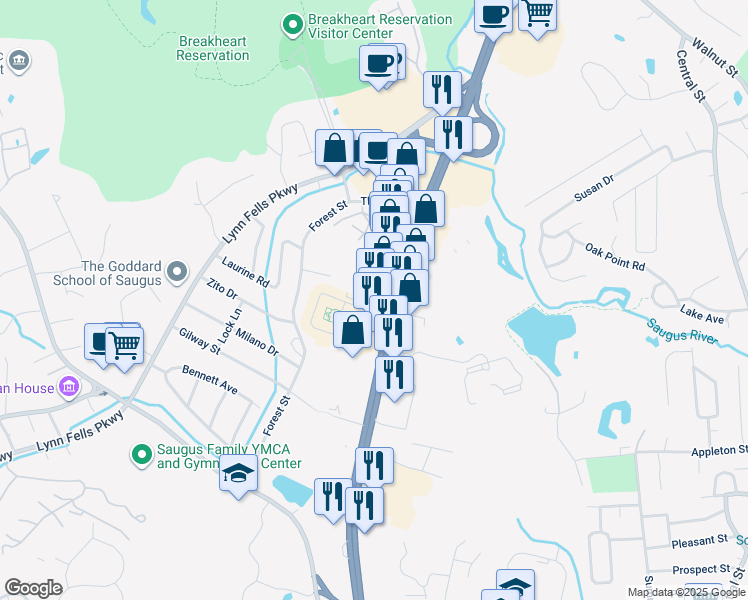 map of restaurants, bars, coffee shops, grocery stores, and more near 817 U.S. 1 in Saugus
