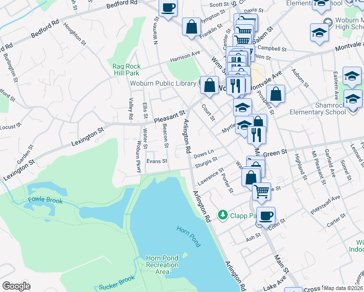 map of restaurants, bars, coffee shops, grocery stores, and more near 27 Arlington Road in Woburn
