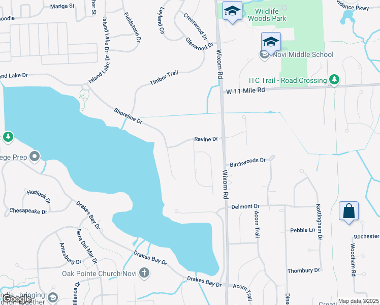 map of restaurants, bars, coffee shops, grocery stores, and more near 25627 Hillsdale Drive in Novi