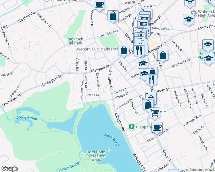 map of restaurants, bars, coffee shops, grocery stores, and more near 27 Arlington Road in Woburn