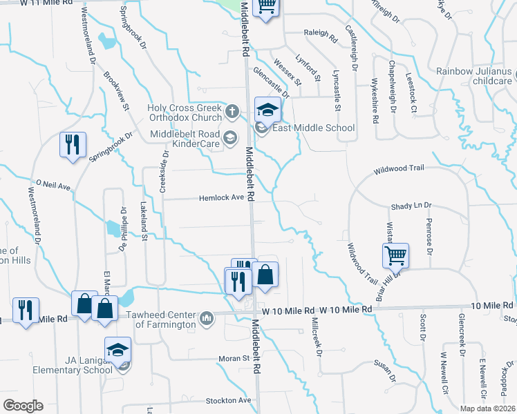 map of restaurants, bars, coffee shops, grocery stores, and more near 29323 Hemlock Drive in Farmington Hills