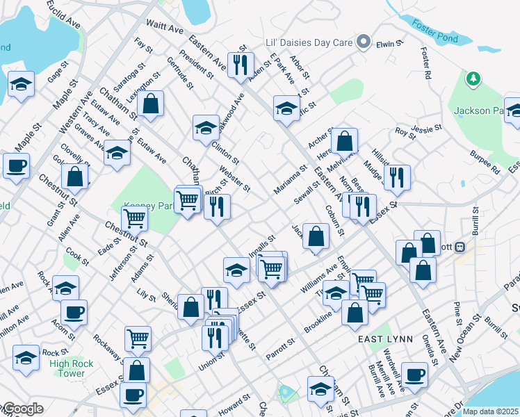 map of restaurants, bars, coffee shops, grocery stores, and more near 121 Marianna Street in Lynn