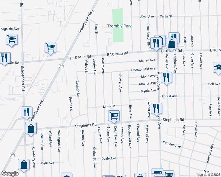 map of restaurants, bars, coffee shops, grocery stores, and more near 24525 Columbus Avenue in Warren