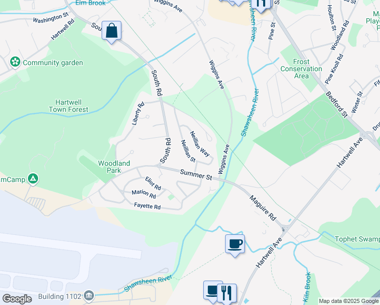 map of restaurants, bars, coffee shops, grocery stores, and more near 44 Neillian Street in Bedford