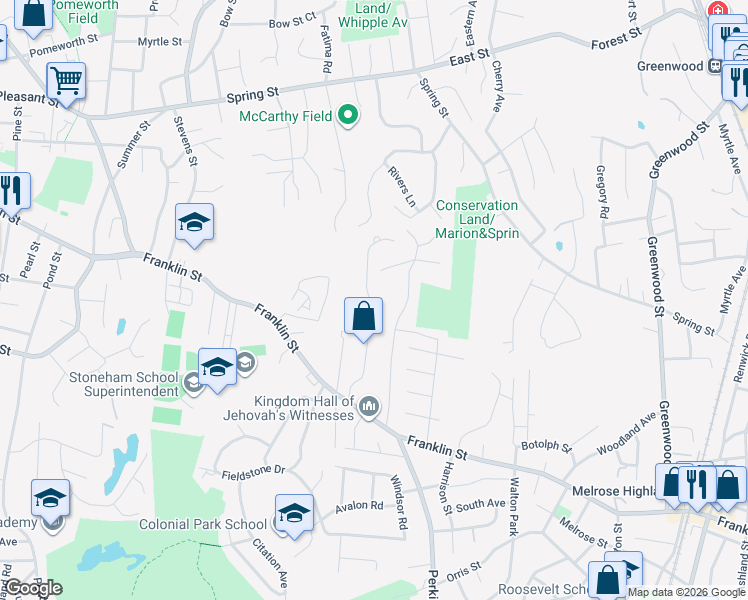map of restaurants, bars, coffee shops, grocery stores, and more near 27 Ellen Road in Stoneham