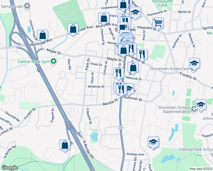 map of restaurants, bars, coffee shops, grocery stores, and more near 5 Winthrop Street in Stoneham