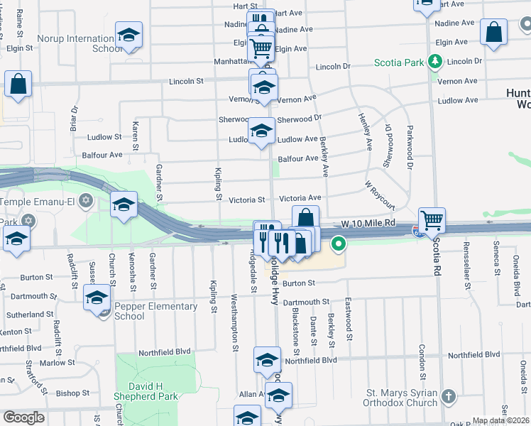 map of restaurants, bars, coffee shops, grocery stores, and more near in Huntington Woods