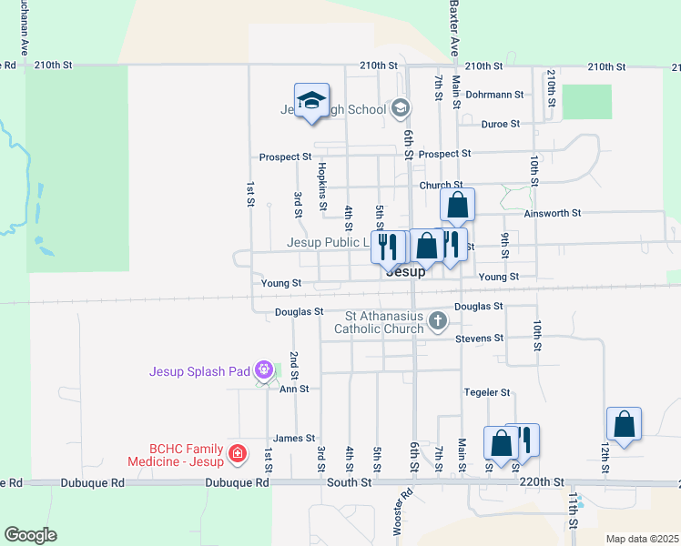 map of restaurants, bars, coffee shops, grocery stores, and more near 301-369 Young Street in Jesup